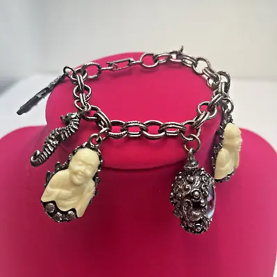 Vintage Chinese Asian Silver Tone Chunky Charm Bracelet 7 Charms Seahorse Dragon • $24.99