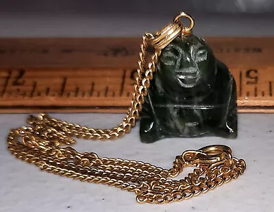 Vtg. Green Jade Carved Buddha Pendant Charm Necklace Chain 16  Gold Plate. • $29.95