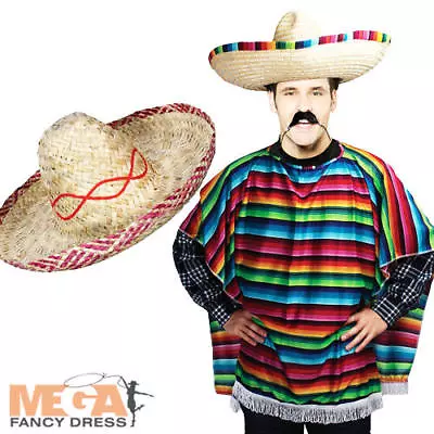 Mexican Poncho + Sombrero Adults Fancy Dress Wild West Bandit Mens Costume Set  • £11.99