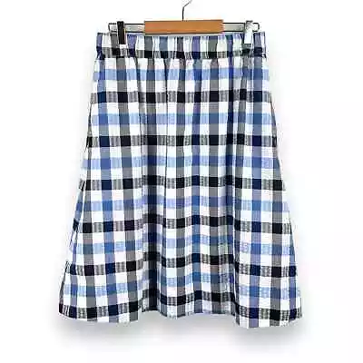 1901 Blue Plaid Seersucker Stretch Cotton Skirt Size M Checkered Elastic Waist • $15.96