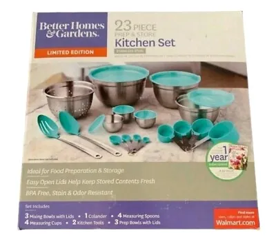 BH&G Stainless Steel 23 Pc Kitchen Set Mixing Bowls Lids  Colander Measures Teal • $19.94