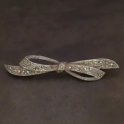 VTG Sterling Silver - ART DECO Marcasite Ribbon Bow Brooch Pin - 9.5g • $3.25