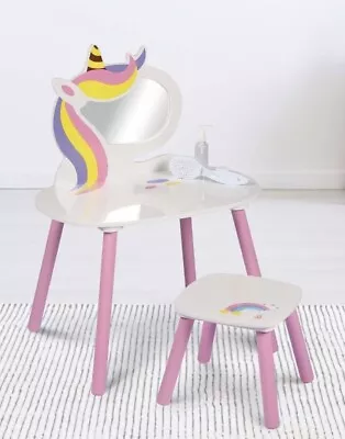 NEW Wooden Unicorn Kids Vanity Table And Stool Set Girls Mirrored Dressing Table • $59.95