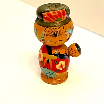 Vintage Japanese Minature Kokeshi Wooden Doll Mother Carrying Baby • $15.97