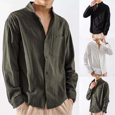 Men's Casual Shirt Cotton Linen Shirt Loose Top Long Sleeve Shirt  Breathable • £8.99