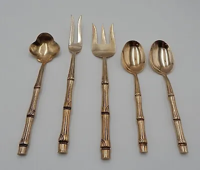 Thai Bronze Gold Bamboo Handle Set Of 5 Serving Pieces Flatware Fork Spoon • $24.99