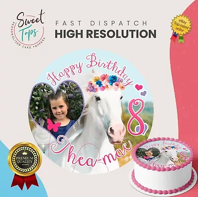 Horse + Photo Round Edible Birthday Cake Topper Decoration Personalised • £4.49