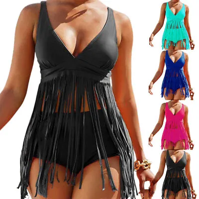 Womens Tassel Tankini Bikini Set Swimdress High Waist Boyshort Swimsuit Swimwear • £13.56