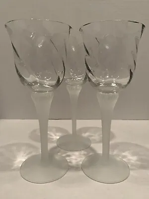 3 Vintage Frosted Stem Wine Glasses Swirl Design On Stem And Bowl 8  Tall • $25