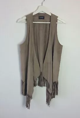 Faux Suede Waistcoat Women Size 12 Tan Western Cowgirl Tasselled Jacket Vest Top • £14.99