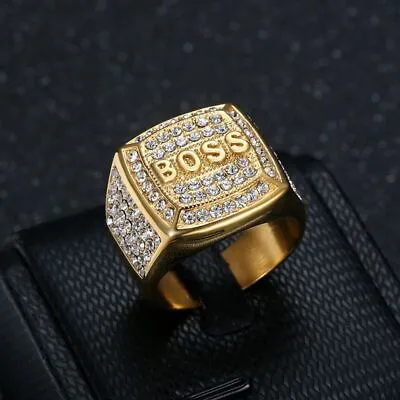 Hip Hop Square Stainless Steel BOSS Casting Ring 18k Real Gold Plated Jewelry • $14.39