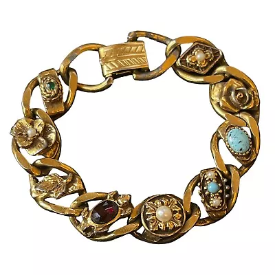 Vintage Charm Bracelet Victorian Slider Style Gold Tone Cuban Links • $38.24