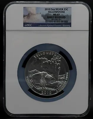 2010 5 Oz Silver America The Beautiful Yellowstone Early Releases NGC MS 69 • $350
