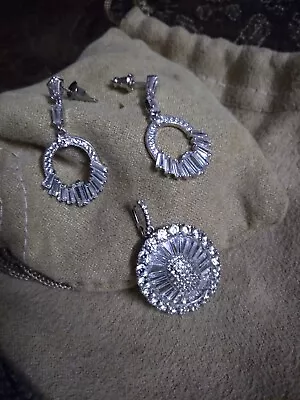 925 Sterling Silver CZ Dangle Drop Earring & Necklace Pendant Set • $20