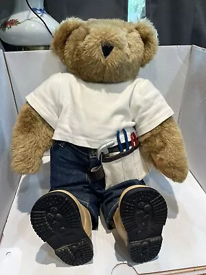 The Vermont Teddy Bear Company Jointed Brown Bear 17” W/Blue Jeans Tool Belt • $24.99