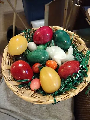 Lot 16 Vintage Alabaster Marble Stone Eggs Easter Red Yellow Green White Basket • $90