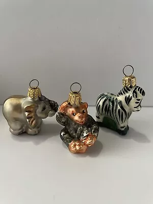 3 Glass Blown Christmas Ornament Hand Painted Elephant Zebra Monkey Zoo Animals • $14.99