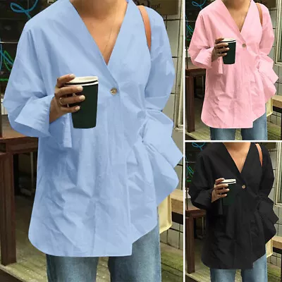 ZANZEA Women Long Sleeve V Neck Slit Hem Shirts Ruffles Tops Casual Loose Blouse • $32.32