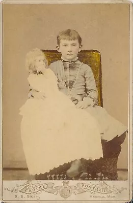 Cabinet Card Antique Photo Little Girl Doll Hand Colored Id'd King Marshall MI • $46.74