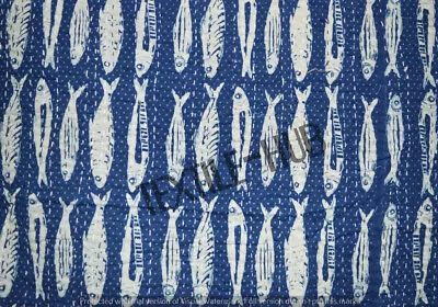 Indian Handmade Blue Indigo Fish Printed Kantha Quilt Bedspread Bedding Blanket  • $44.71