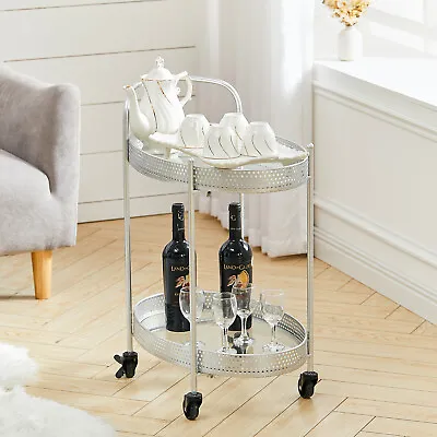 £38.99 • Buy Silver Drinks Trolley With Glass Shelves Mini Bar Cocktail Table Drink Tea Table