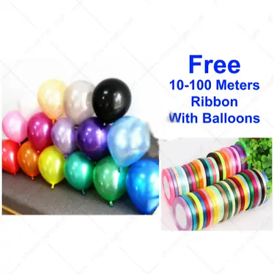 10  Plain Balloons Matching Colour Free Ribbon Latex Shiny Pearl Baloons Ballon  • £2.49