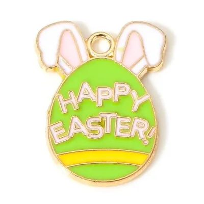 10 Cute Easter Egg With Bunny Ears  HAPPY EASTER Shaped Gold Tone Charm Pendants • £4.75