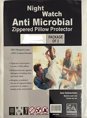 Set Of 2 100% Cotton Percale T-200 Anti Microbial Pillow Protector With Zipper. • $12.99