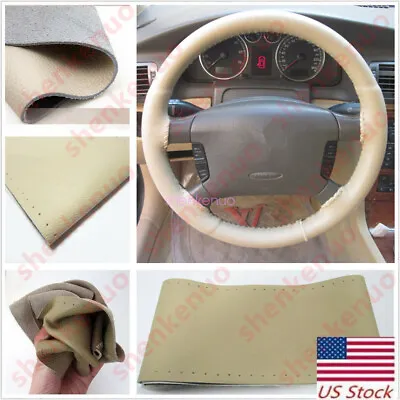 Beige Genuine Breathable Leather Steering Wheel Cover Non Slip DIY Needle Thread • $13.93