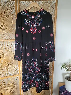 Zara Black Handstitched Embroidered Zip Dress Size M • £11