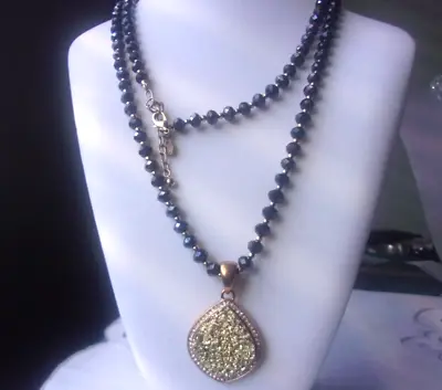 $13.99 • Buy Joan Rivers Gold Tone Faux Druzy Lotus Pendant Black Faceted Bead Necklace