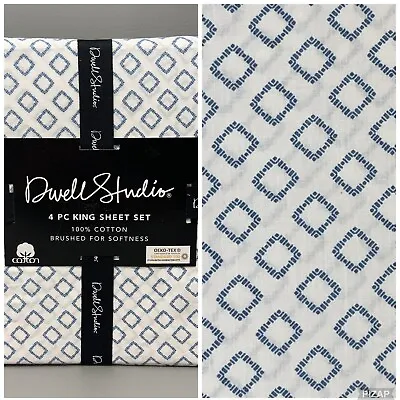 Dwell Studio KING 4-pc Sheet Set Extra Deep White Blue Diamond 100% Cotton • $85.99