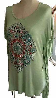 T Party Womens Southwest Top Green Bling  Fringe Sleeveless Summer Knit Shirt S • $16.88