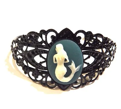 BLACK METAL MERMAID CAMEO FILIGREE BANGLE Painted Bracelet Teal Cuff R3 • $11.99