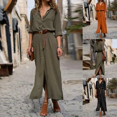 Womens Button Down Maxi Dress Ladies Long Sleeve Casual Belted OL Shirt Dress • £13.59
