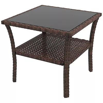 Outsunny PE Rattan Coffee Table Two-tier Side Table With Glass Top Brown • £37.99
