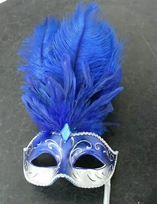 Ladies Blue & White Feather Venetian Masquerade Ball Party Eye Mask On A Stick • £19.95