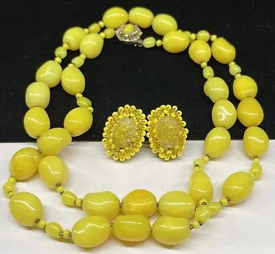 Miriam Haskell Signed Set Rare Vintage Yellow Glass Necklace Earrings A30 • $399