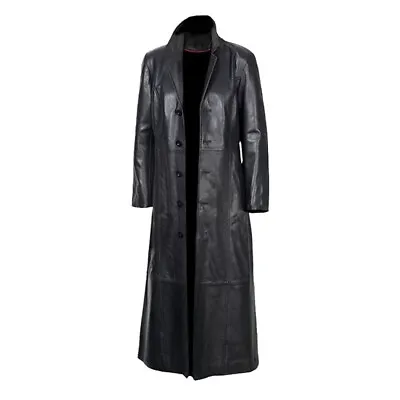 Men Genuine Lambskin Real Leather Long Trench Coat Button Black Classic Jacket • $170.99