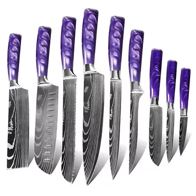 Purple Japanese Kitchen Knives & Scabbard Laser Damascus Pattern Chef Knife Set • $19.99