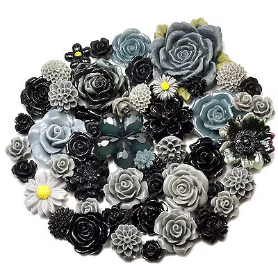 £2.49 • Buy BLACK/GREY SET Resin Flatback Flower Rose Cabochon Craft Embellishments Decoden