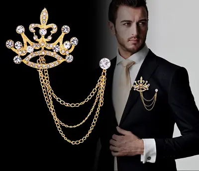 £3.89 • Buy Mens Royal Crown Shirt Wedding Suit Accessory Collar Clip Chain Brooch Lapel Pin