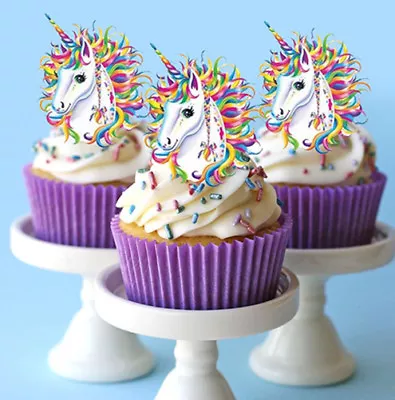 24 Stand Up Mini Rainbow Unicorn Horn Edible Cupcake Cake Images Toppers Party • $13.95