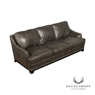 Quality Grey Leather Three Seat Nailhead Sofa • $1095