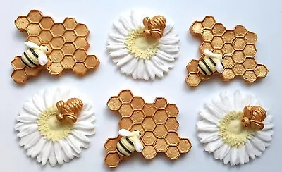 6 Edible Sugar Bumblebee Daisy Flower Honeycomb Cake Cupcake Toppers Decorations • £12.30