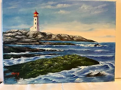 12 X 16 Original Oil On Canvas.... Maine Lighthouse  • $40