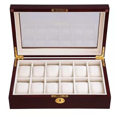 12 Slots Watch Display Case Walnut Wood Glass Top Jewelry Box Collector Men GiFt • $41.90