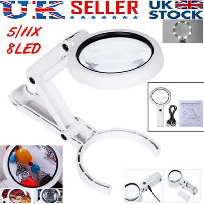 5/11x Magnifying Glass With Light 8 LED Magnifier Foldable Stand Desk Reading • £9.29