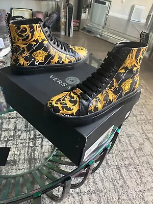 Versace High Top Leather Vitello St. Barocco Signature Printed Sneaker Shoes • $200