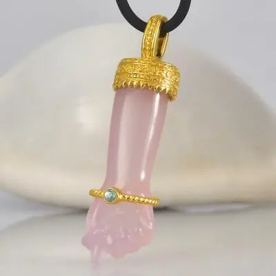 Gold Vermeil Sterling Mano Fico Figa Pendant Pink Chalcedony & Blue Zircon 8.70g • $144